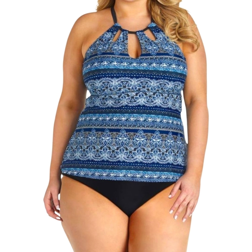 RAISINS CURVE Plus Size Mosaic High Neck Cut Out Swimsuit Top 22W